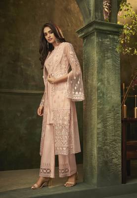 Peach Embroidered Net Semi Stitched Salwar With Dupatta 2