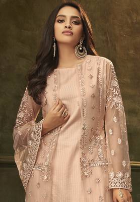 Peach Embroidered Net Semi Stitched Salwar With Dupatta 3