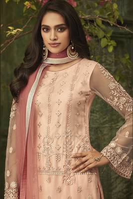 Peach Embroidered Net Semi Stitched Salwar With Dupatta 4