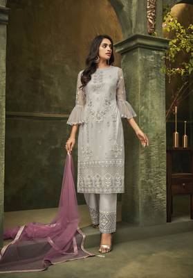 Grey Embroidered Net Semi Stitched Salwar With Dupatta 1