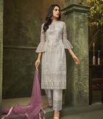 Grey Embroidered Net Semi Stitched Salwar With Dupatta
