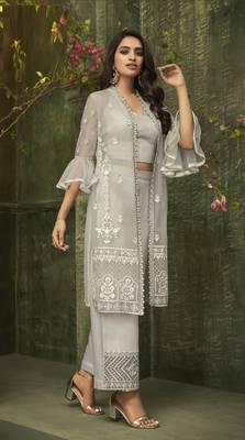 Grey Embroidered Net Semi Stitched Salwar With Dupatta 2