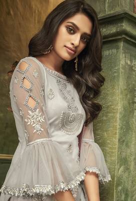 Grey Embroidered Net Semi Stitched Salwar With Dupatta 4