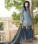 Blue Embroidered Satin Semi Stitched Salwar With Dupatta