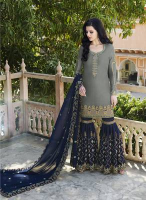 Blue Embroidered Satin Semi Stitched Salwar With Dupatta 1