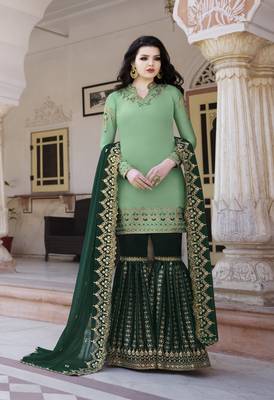 Green Embroidered Satin Semi Stitched Salwar With Dupatta 1