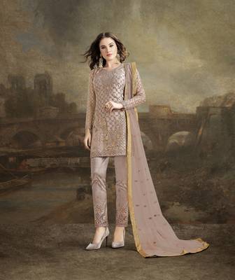 Grey Embroidered Net Semi Stitched Salwar With Dupatta 1
