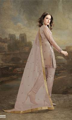 Grey Embroidered Net Semi Stitched Salwar With Dupatta 2