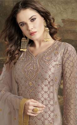 Grey Embroidered Net Semi Stitched Salwar With Dupatta 4
