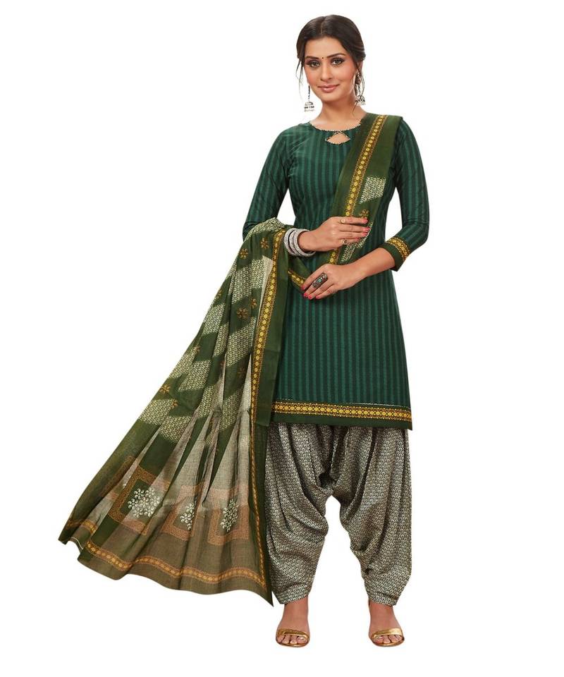 Women's Dark Green & White Cotton Printed Readymade Salwar Suit Set