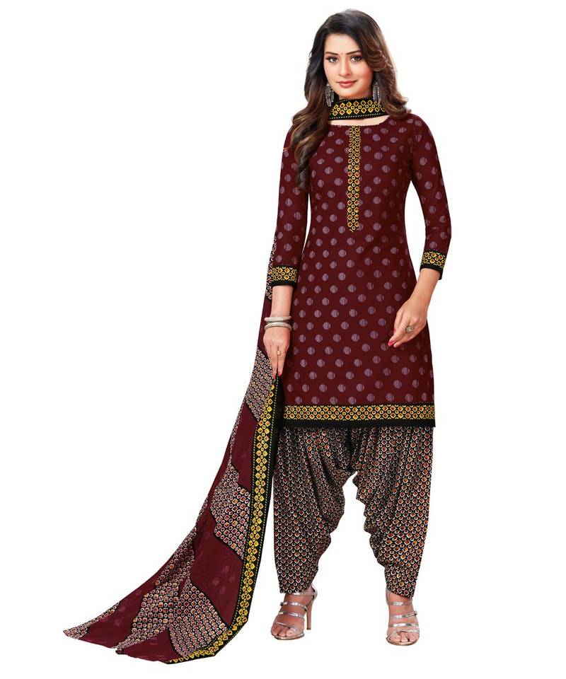 Women's Maroon Black Cotton Printed Readymade Salwar Suit Set