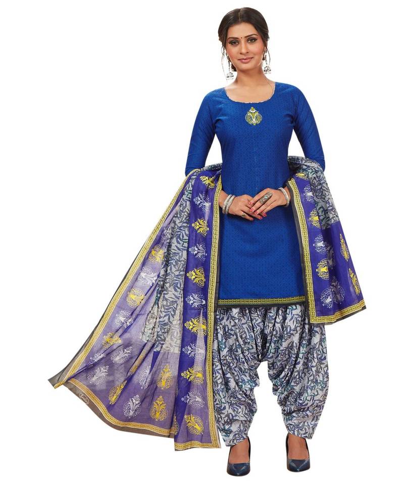 Women's Blue & White Cotton Printed Readymade Salwar Suit Set
