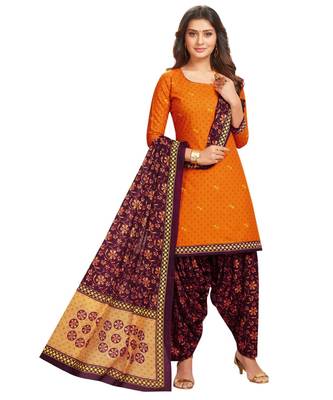 Women's Orange & Wine Cotton Printed Readymade Salwar Suit Set 1