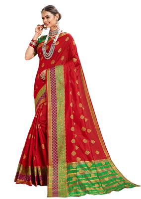 Red Woven Cotton Silk Saree With Blouse 1