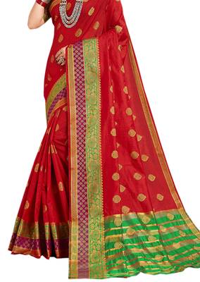 Red Woven Cotton Silk Saree With Blouse 2