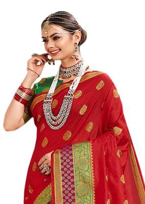Red Woven Cotton Silk Saree With Blouse 3