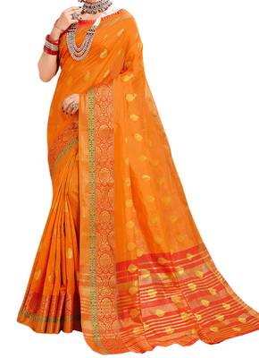 Orange Woven Cotton Silk Saree With Blouse 2