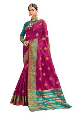 Magenta Woven Cotton Silk Saree With Blouse 1