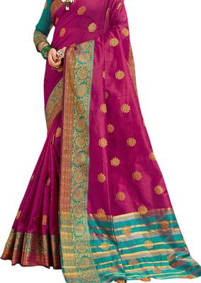 Magenta Woven Cotton Silk Saree With Blouse 2