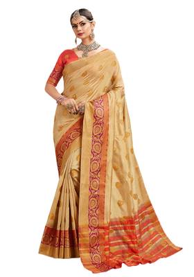 Beige Woven Cotton Silk Saree With Blouse 1