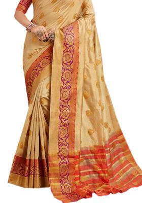 Beige Woven Cotton Silk Saree With Blouse 2