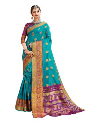 Green Woven Cotton Silk Saree With Blouse 1
