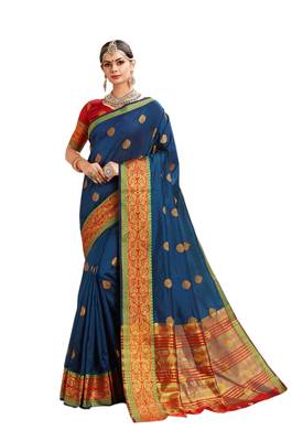 Blue Woven Cotton Silk Saree With Blouse 1
