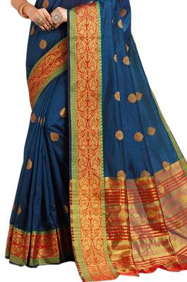 Blue Woven Cotton Silk Saree With Blouse 2