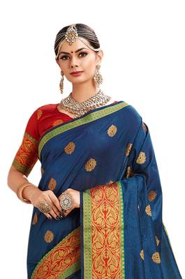 Blue Woven Cotton Silk Saree With Blouse 3