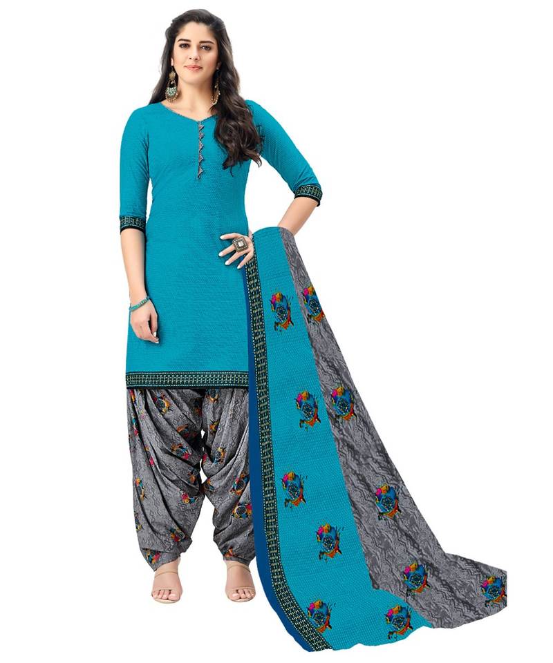 Women's Sky Blue & Grey Cotton Printed Readymade Salwar Suit Set
