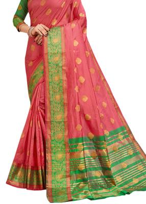 Pink Woven Cotton Silk Saree With Blouse 2