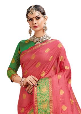 Pink Woven Cotton Silk Saree With Blouse 3