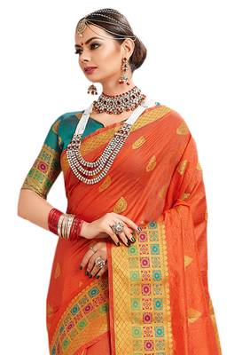 Orange Woven Cotton Silk Saree With Blouse 3