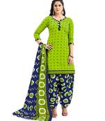 Women's Parrot Green & Blue Cotton Printed Readymade Salwar Suit Set