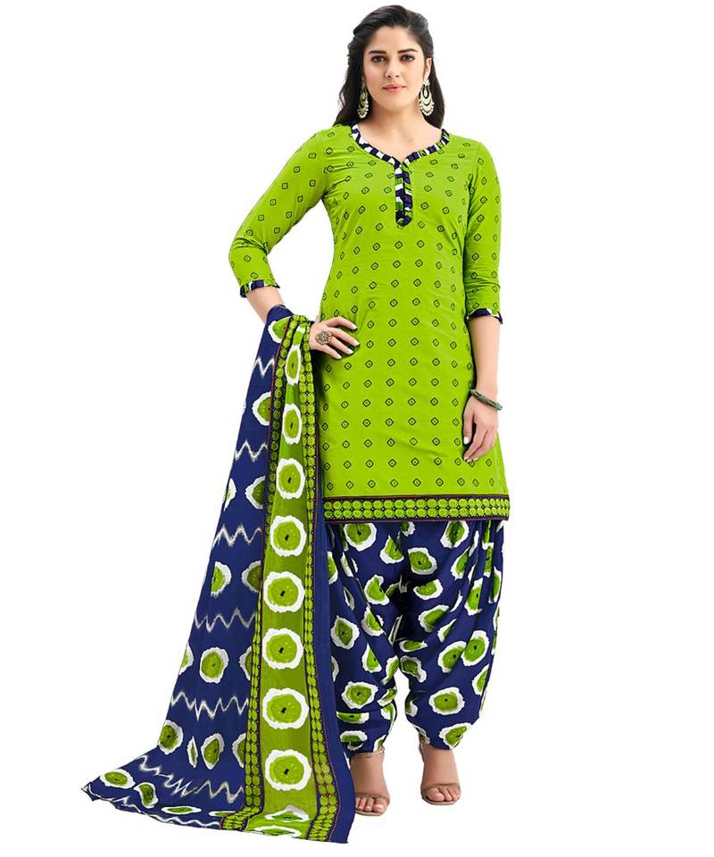 Women's Parrot Green & Blue Cotton Printed Readymade Salwar Suit Set