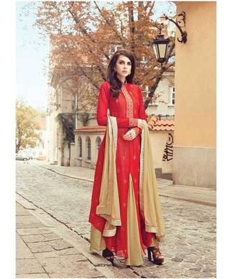 Red Embroidered Art Silk Salwar With Dupatta 1