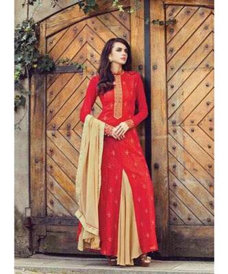 Red Embroidered Art Silk Salwar With Dupatta 2