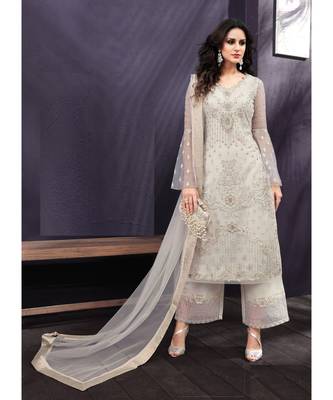 Cream Embroidered Net Salwar With Dupatta 1
