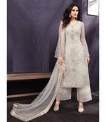 Cream Embroidered Net Salwar With Dupatta