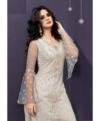Cream Embroidered Net Salwar With Dupatta 2