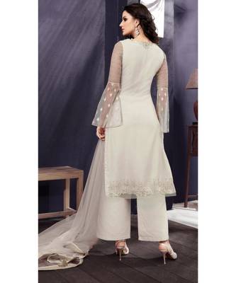 Cream Embroidered Net Salwar With Dupatta 3