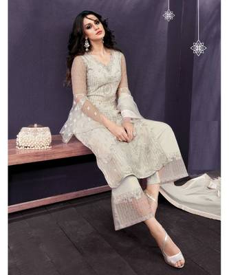 Cream Embroidered Net Salwar With Dupatta 4