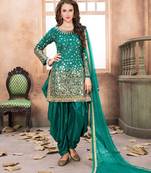 Turquoise embroidered taffeta salwar