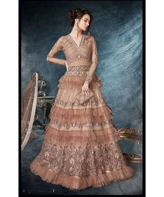 Brown Embroidered Net Salwar With Dupatta 1