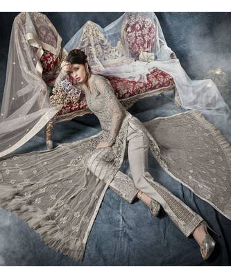 Grey Embroidered Net Salwar With Dupatta 2