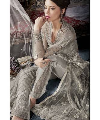 Grey Embroidered Net Salwar With Dupatta 3