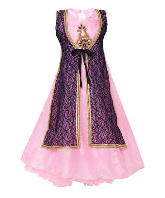 Pink Embroidered Nylon Kids Girl Gowns 1