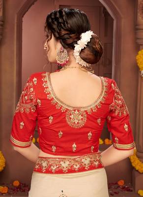 Cream embroidered silk blend saree with blouse 5