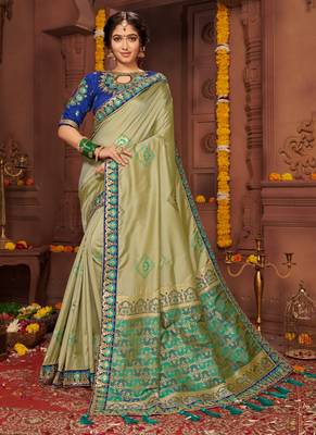 Olive embroidered silk blend saree with blouse 1