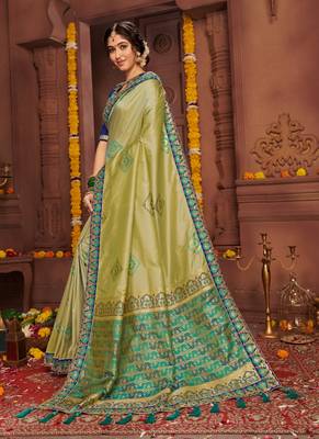 Olive embroidered silk blend saree with blouse 2